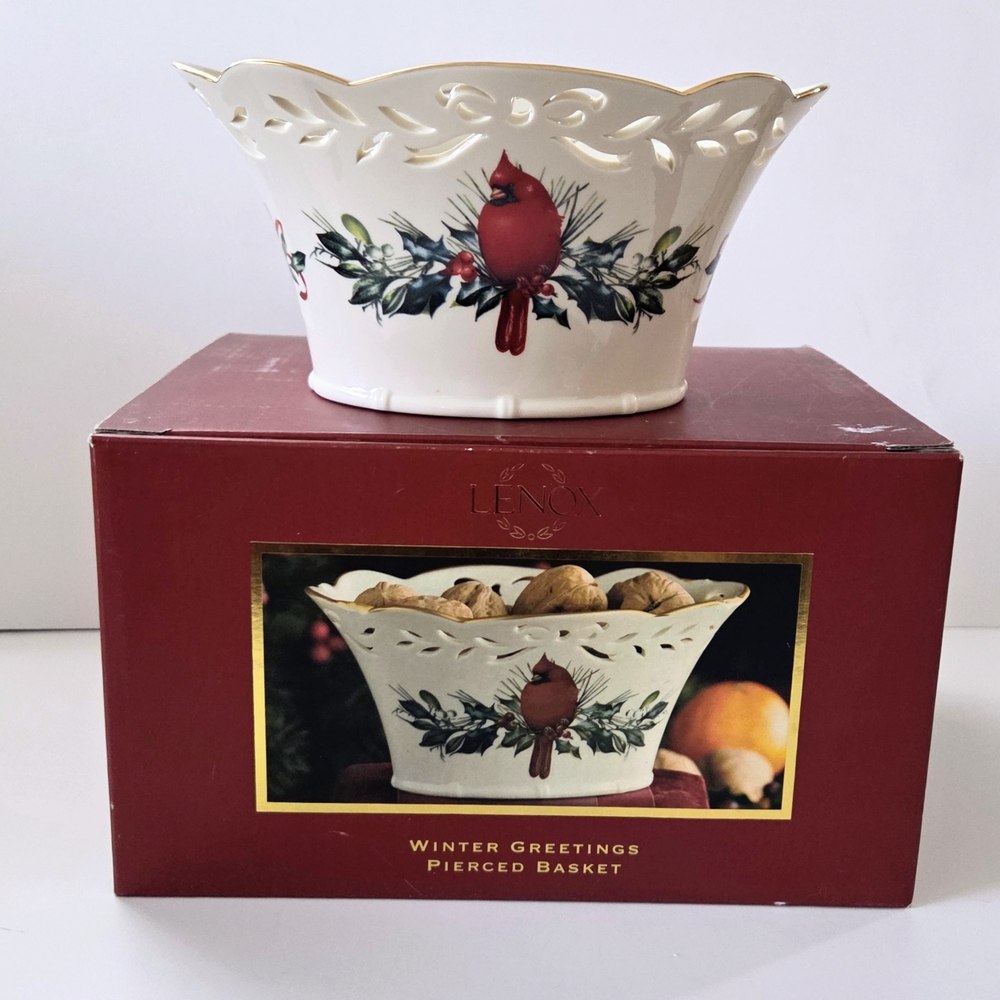 Lenox Winter Greetings Pierced Basket - Cream and Red